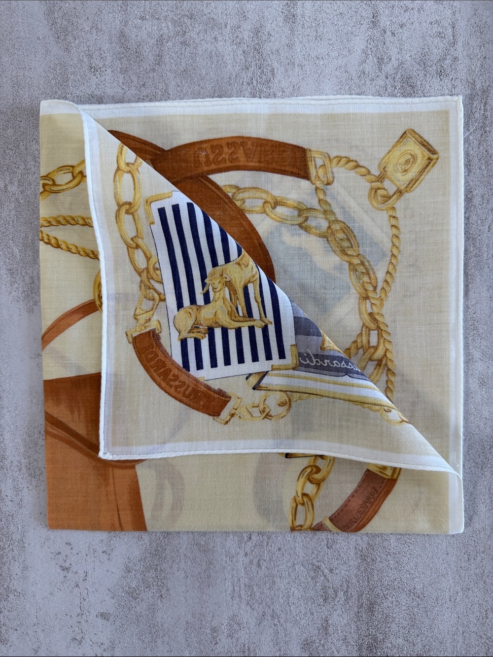 Trussardi Cream, Brown and Gold Chain Print cotton Scarf - Picture 6 of 6